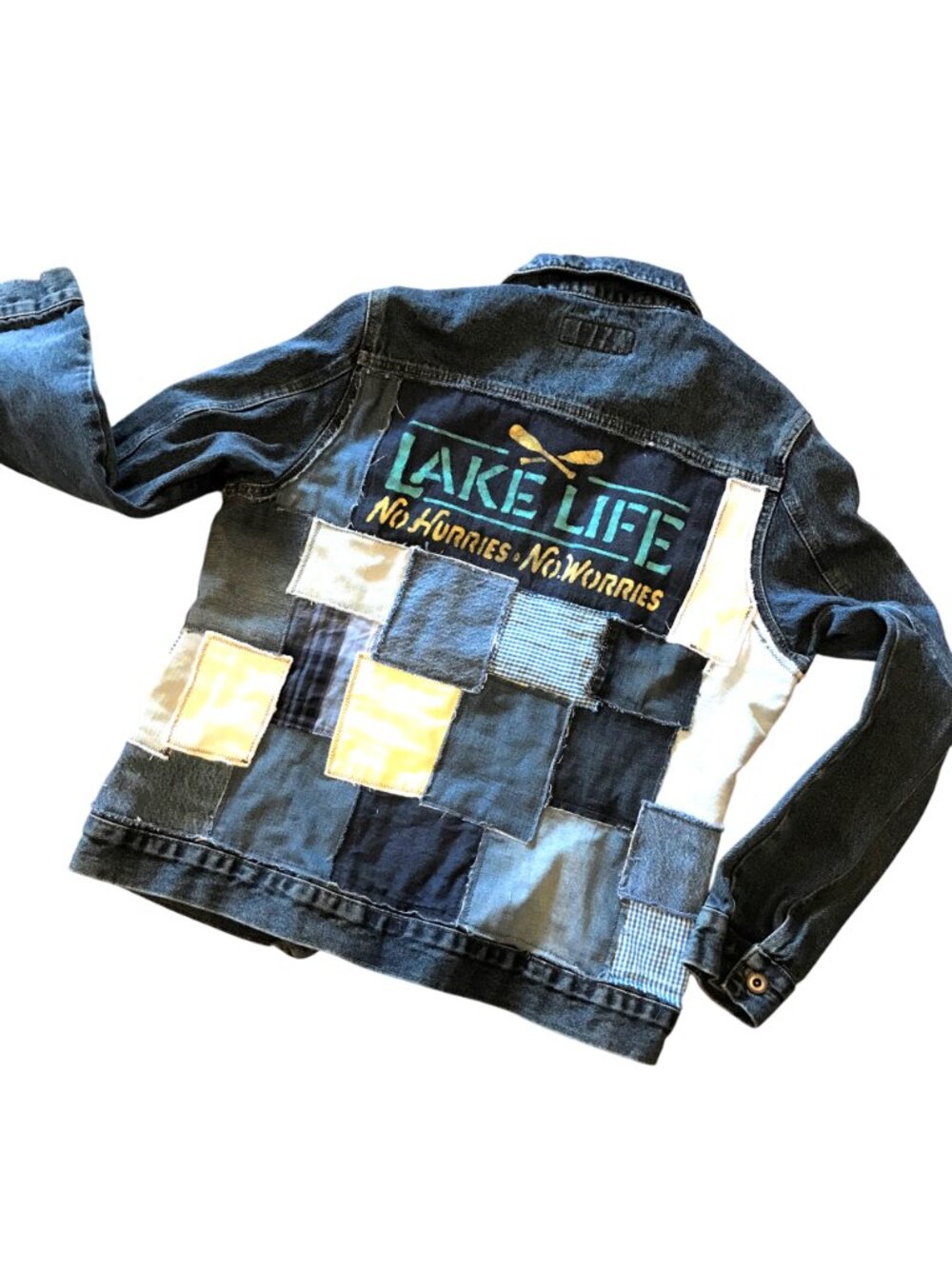 Upcycled Denim Patch Jacket, Lake Life Theme Patchwork Jean Coat Women’s Large